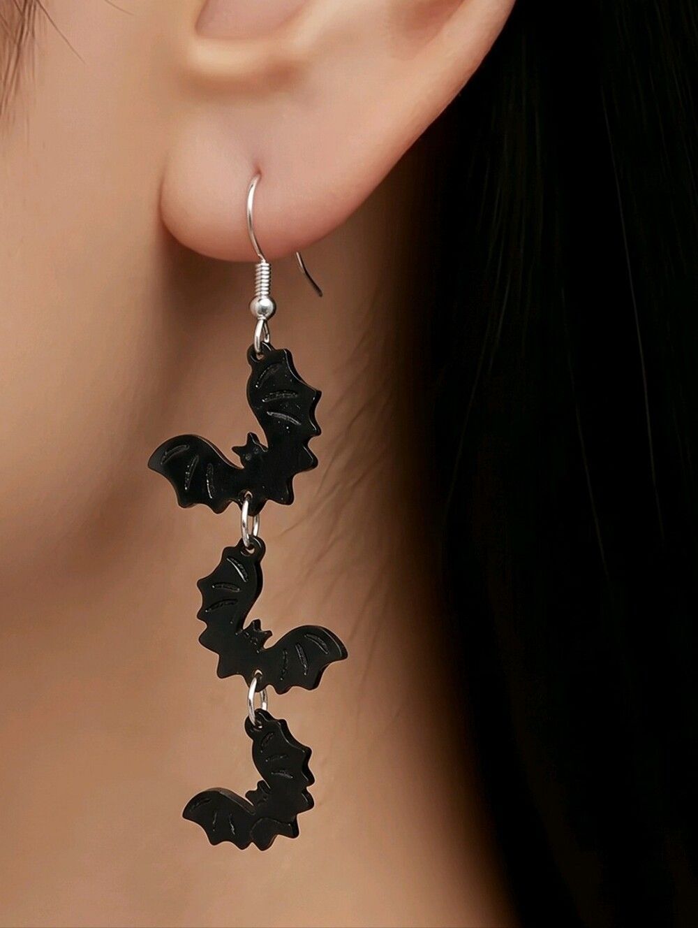 Black Bat Earrings Triple Dangle Gothic Spooky Cute Halloween Vampire Dark Goth